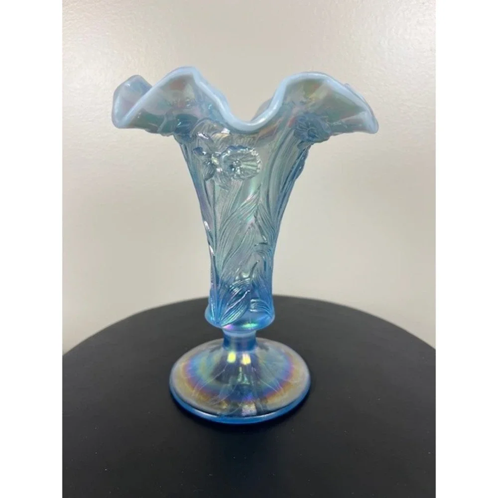 Fenton Ice Blue Iridescent Vase Daffodils Ruffled Edge 7-8
